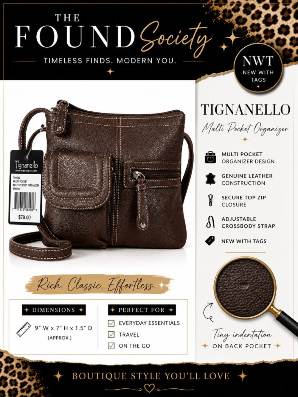 NWT Tignanello Brown Genuine Leather Multi Pocket Organizer Crossbody Bag